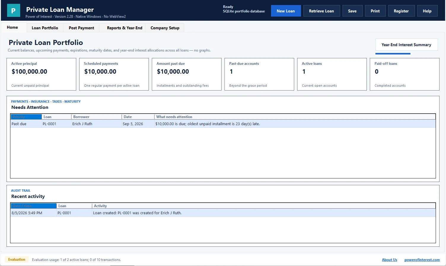 Private Loan Manager actual Windows dashboard with loan portfolio and payment tracking